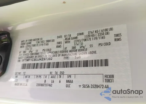 2018 Ford F-150 Xl из США, поврежденный, VIN 1FTMF1CB3JKE97392